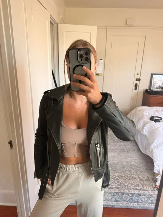 All Saints Black Leather Moto Jacket with Belt - Picture 8 of 8